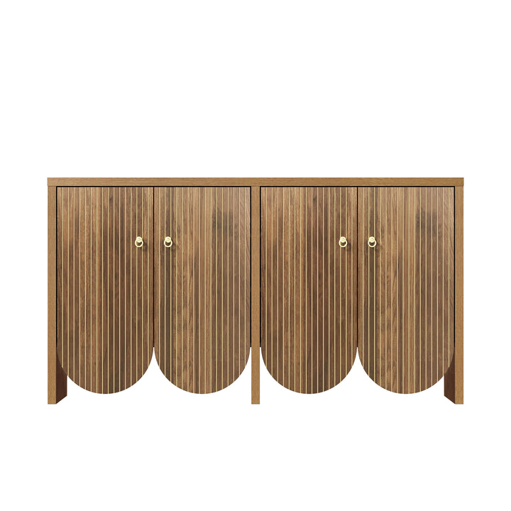 Vintage walnut look sideboard textured pattern with arched cutouts 4 doors 147×40×80cm LUNOVA
