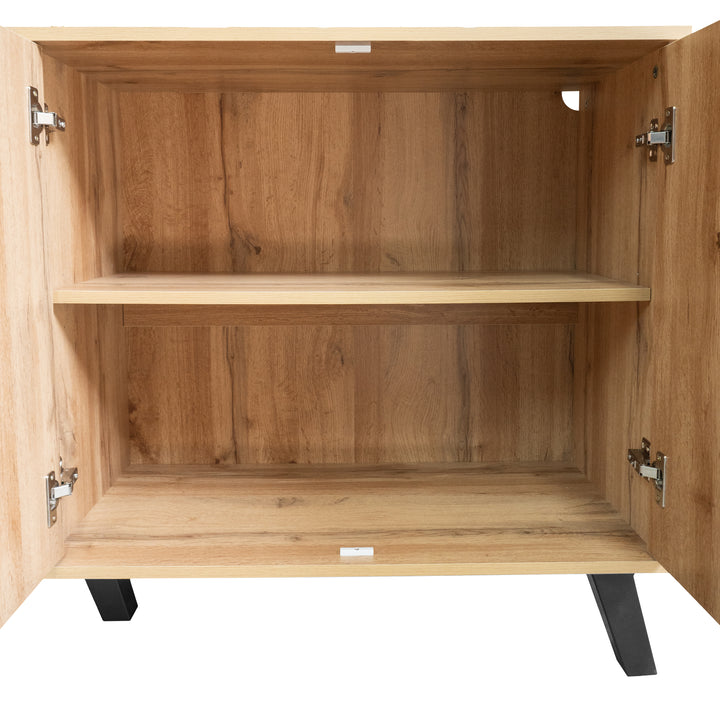 Vintage sideboard textured oak look 3D square front 4 doors and adjustable shelves 150×35×78cm LYSOGEN