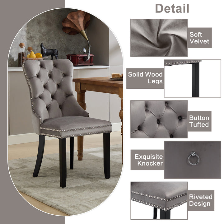 Set of 4 dining chairs velvet grey tufted with solid wood legs, nailheads and back chrome ring NOBLEE