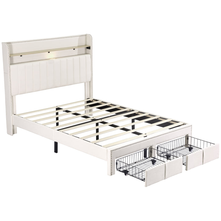 Beige linen upholstered divan double Bed 135x190cm with 2 storage drawers and LED lighting & charging ports (no mattress) OGHAMNOTCH