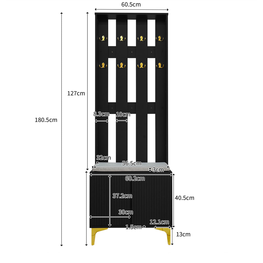 Black wooden entryway coat hanger, bench and cushion, and shoe cabinet TERMITEMOUND