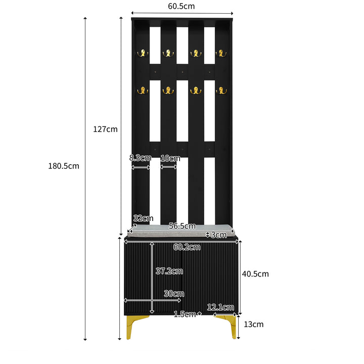 Black wooden entryway coat hanger, bench and cushion, and shoe cabinet TERMITEMOUND
