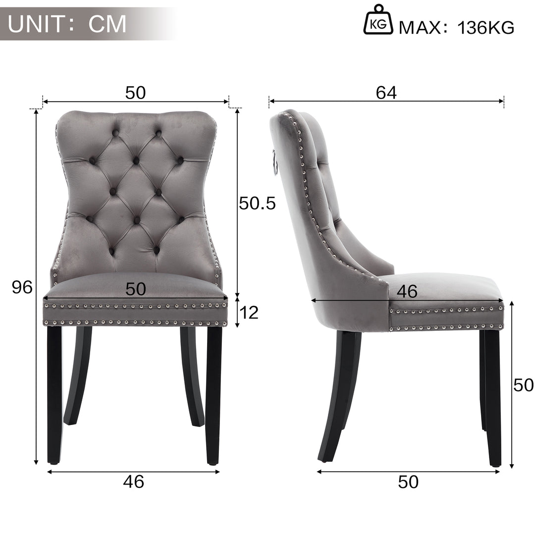 Set of 4 dining chairs velvet grey tufted with solid wood legs, nailheads and back chrome ring NOBLEE