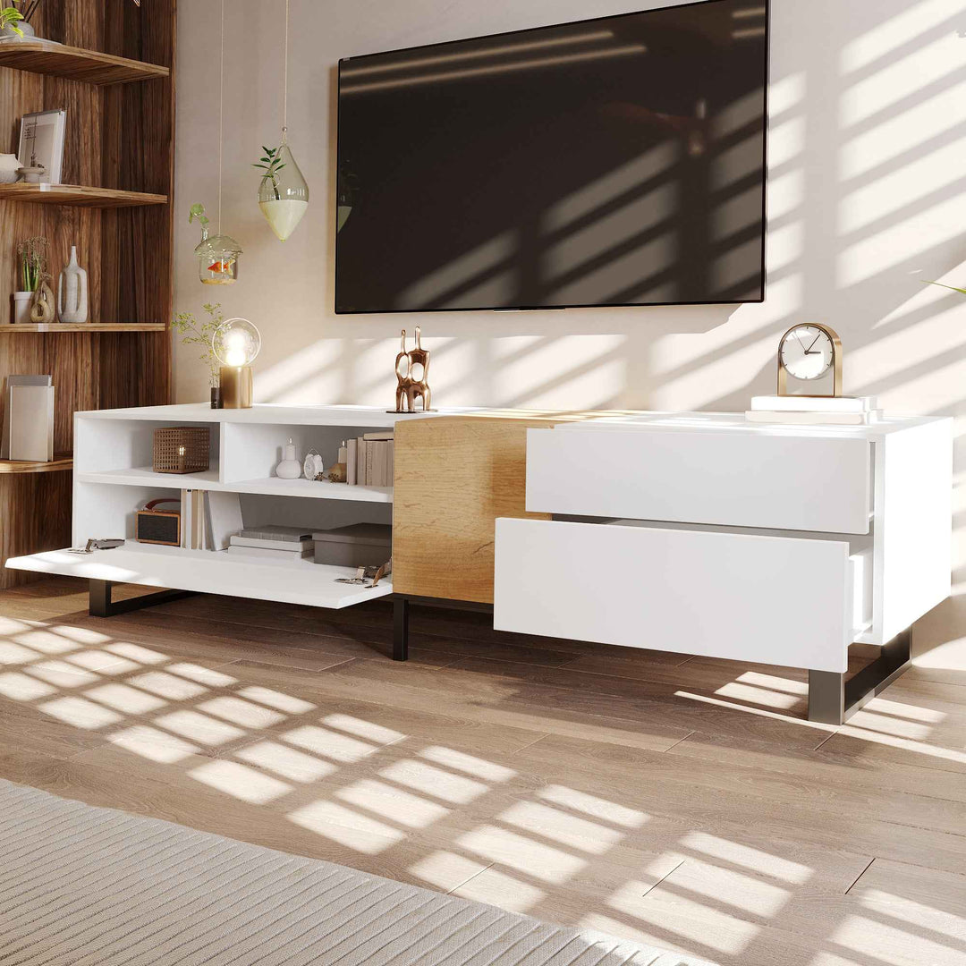 TV Cabinet 180cm White & Wood, MDF, 2 Drawers 2 Doors, Modern Minimalist, Large Storage, Living Room