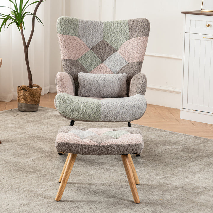 Patchwork rocking chair with footstool, bouclé fabric accent chair with wooden legs and cushion RECTRIX