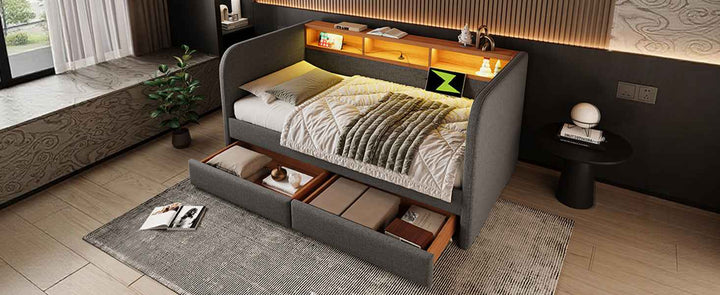 Upholstered Daybed Single 90x190cm Grey Linen with Headboard Storage, LED & USB Type-C, 2 Drawers, Modern Sofa Bed for Bedroom