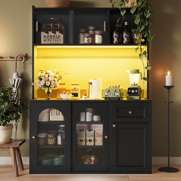 Black kitchen hutches buffet with LED lighting, fluted glass sliding doors VIGOURAN
