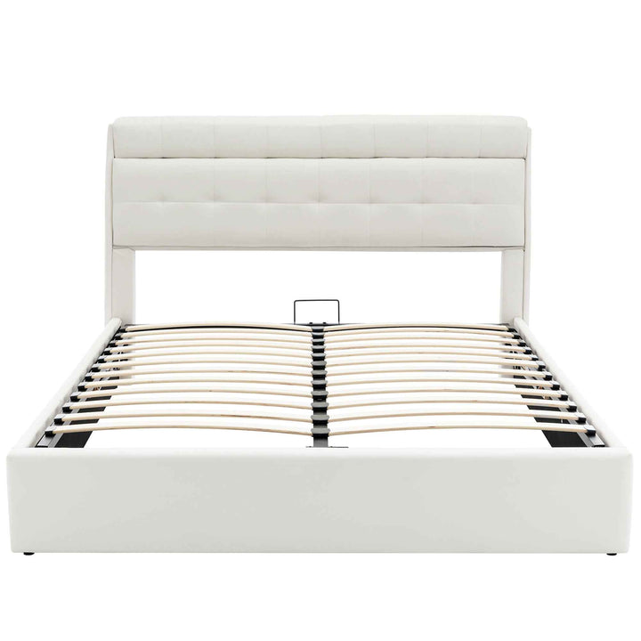 King size upholstered ottoman bed PU cream white, headboard storage 150x200cm