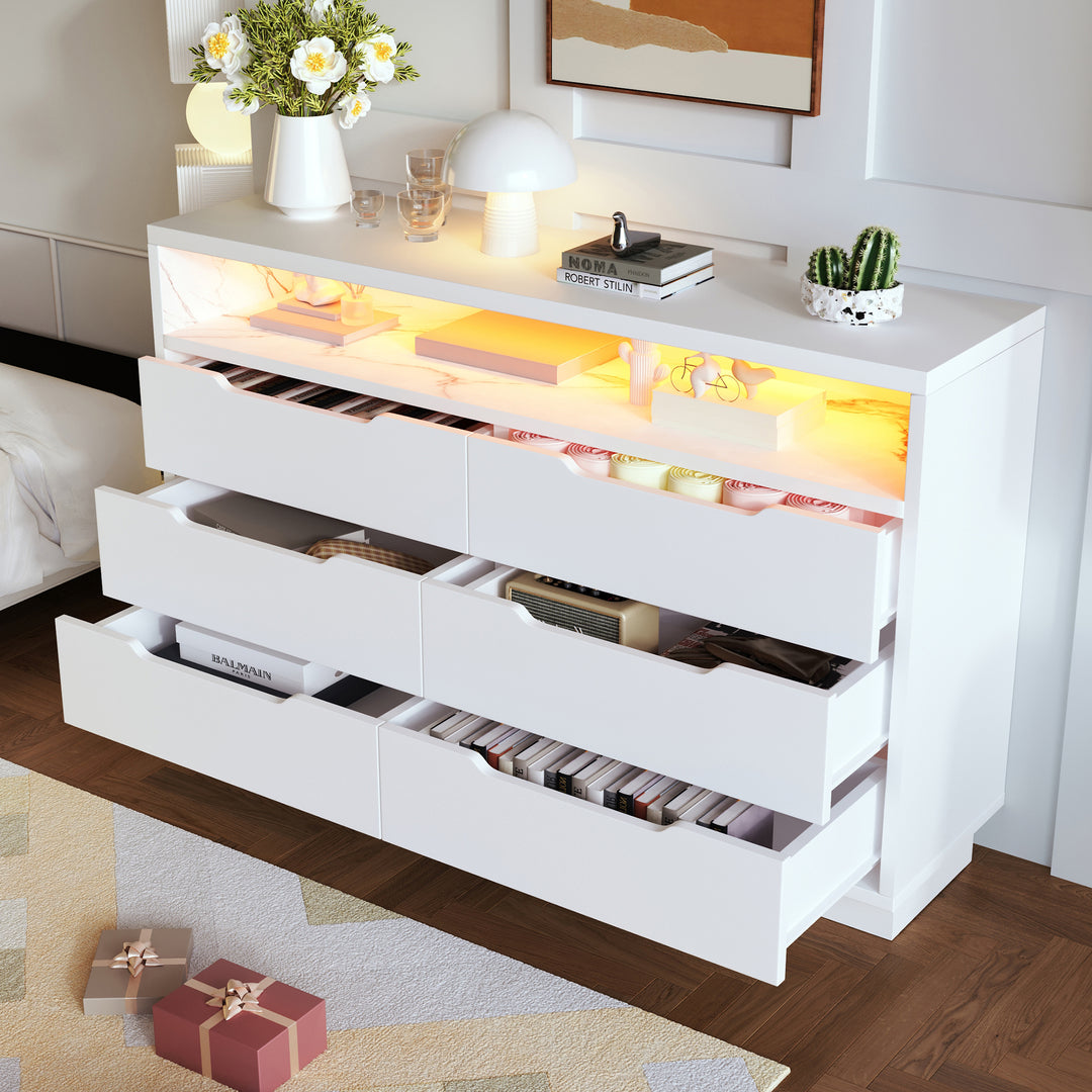 White marbled look 6-drawer sideboard with LED lighting MAGNETOPAUS