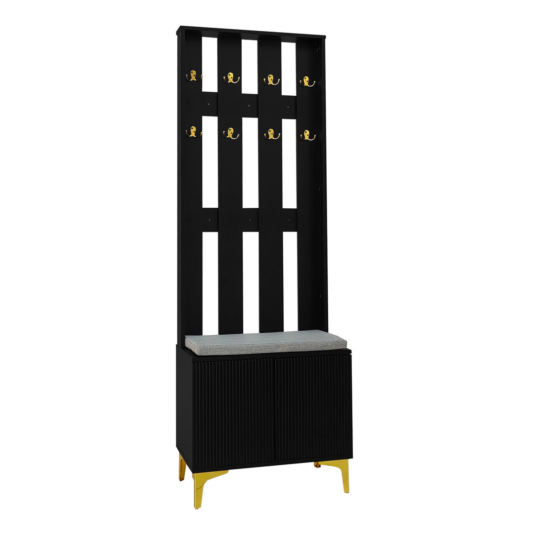 Black wooden entryway coat hanger, bench and cushion, and shoe cabinet TERMITEMOUND