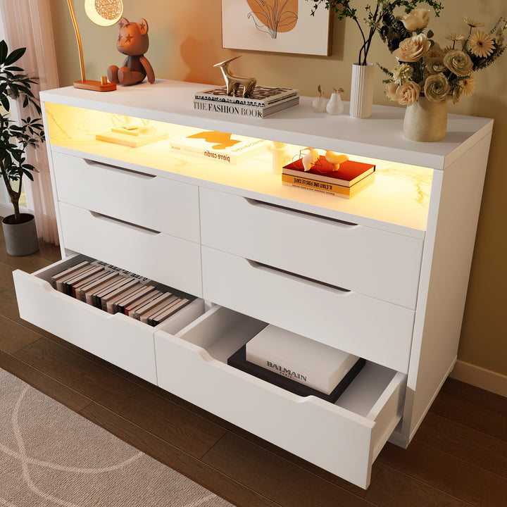 White marbled look 6-drawer sideboard with LED lighting MAGNETOPAUS