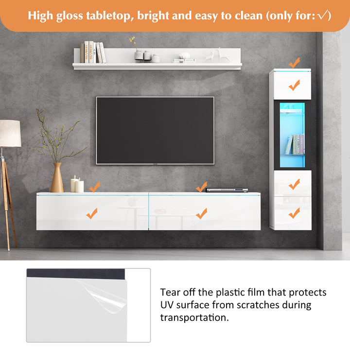 Modern white high-gloss 3-piece TV unit set with LED lighting and display cabinet CLOUDVALE