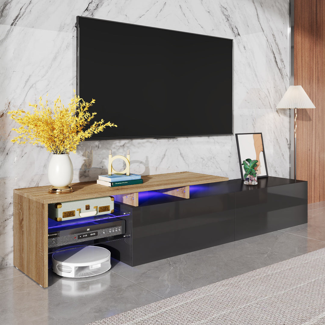 Modern black high gloss TV cabinet with glass shelves and LED lighting KETTLEHOLE