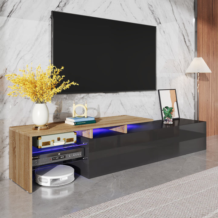 Modern black high gloss TV cabinet with glass shelves and LED lighting KETTLEHOLE