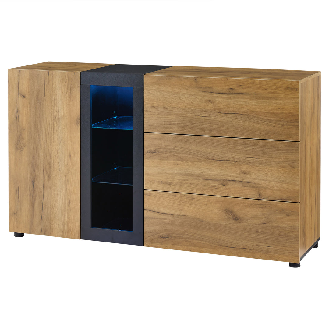 Wooden and Black Sideboard Cabinet with 3 Drawers, Glass Shelves and LED Lights 140 cm TRISHELF