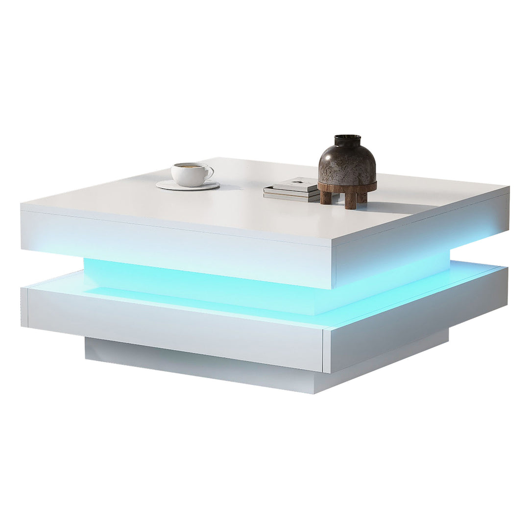White square high gloss coffee table 360° rotating with 16-color LED light 70x70x36cm UHEX UK