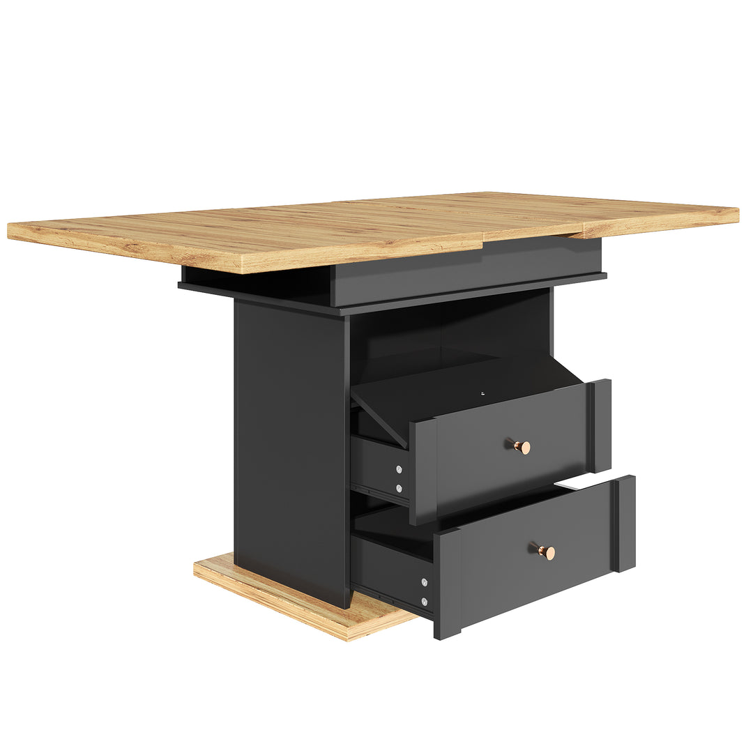 Extendable wooden dining table (110-140×80 cm) black shlef and 2 drawers SUNSPOT