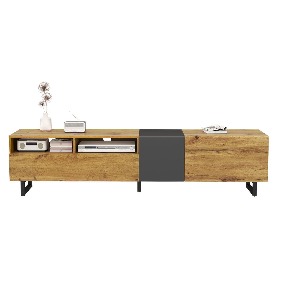 Colorblock TV cabinet retro wood grain compartments, U-shaped metal legs RESPIRATO