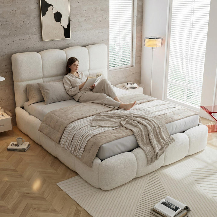 Beige velvet upholstered double ottoman bed 135x190cm QUANTAESIA