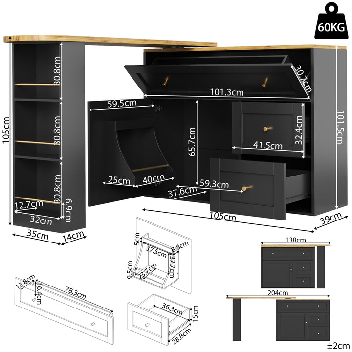 Extendable bar table black with storage kitchen cabinet with snack shelf (138-204×39×105cm) MANGROVEPROP