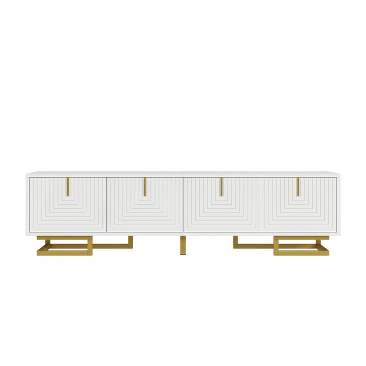 Modern luxury white TV stand textured geometric design with gold accents VIGOURE