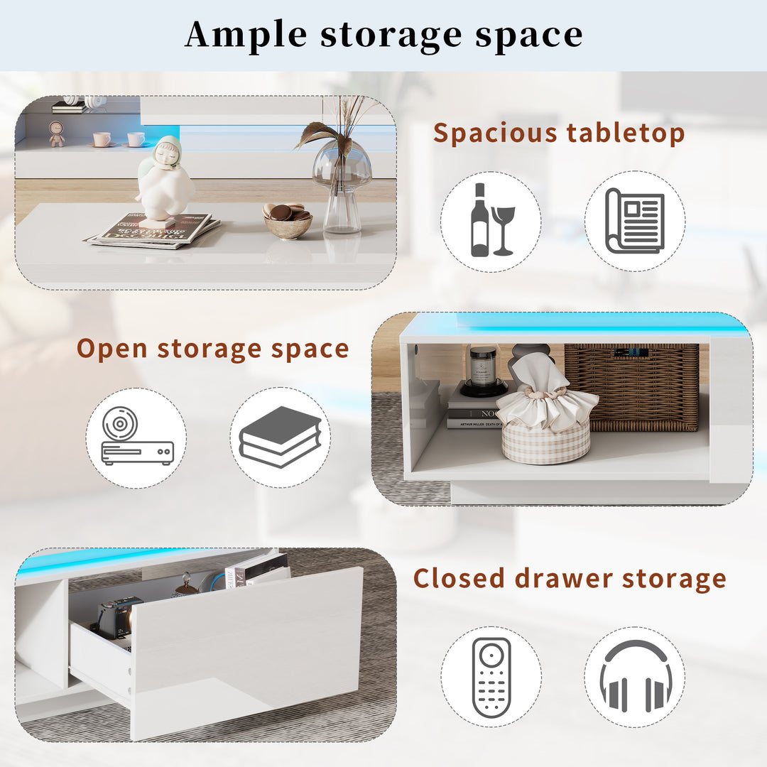 White high gloss coffee table with LED lights and storage 100 x 50 x 40 cm MAGNETOTAIL UK