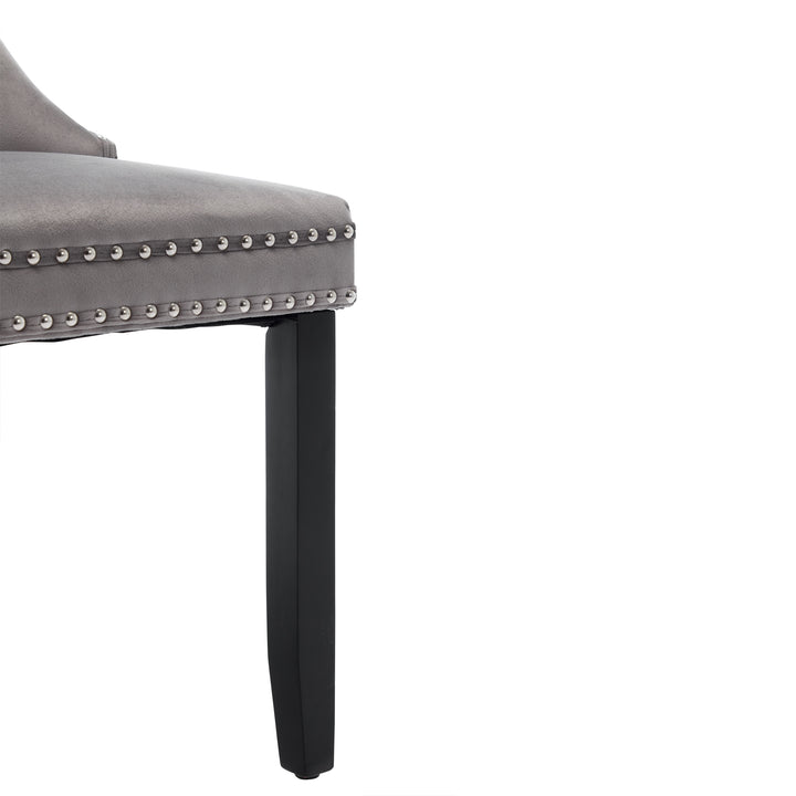 Set of 4 dining chairs velvet grey tufted with solid wood legs, nailheads and back chrome ring NOBLEE