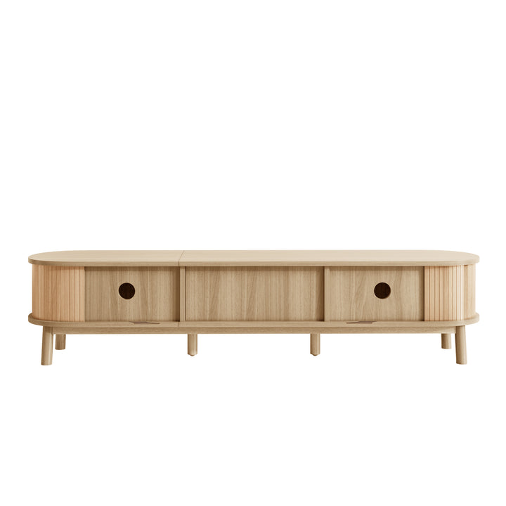 Nordic oak oval TV stand with rattan inlay and slatted tambour sliding doors BLISSA