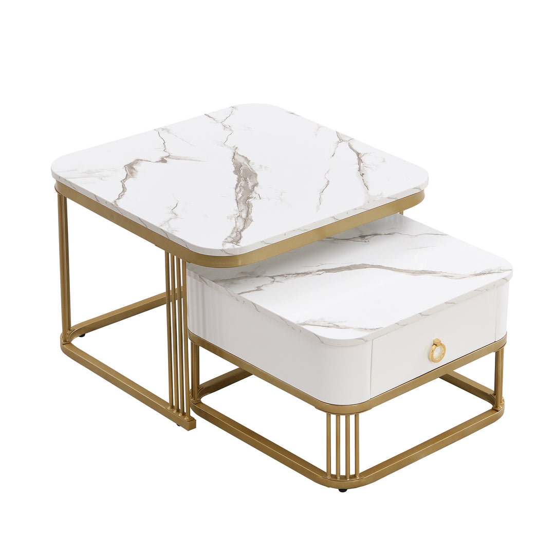 White high gloss marble-look nesting coffee table VREVIEK WHITE UK