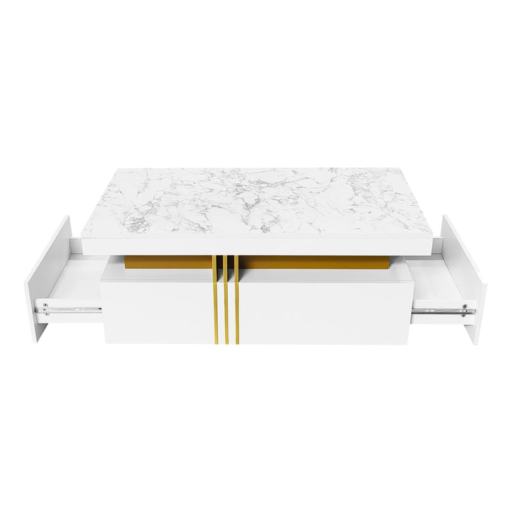 White marble look coffee table with gold accents and 2 drawers CREPUSCRAY