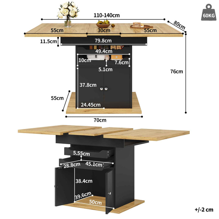 Extendable wooden dining table for 4-6 foldable with drawers and cabinet INFINITENEXX