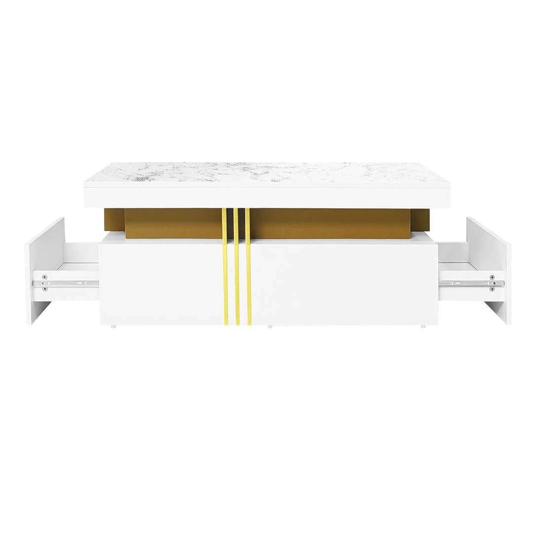 White marble look coffee table with gold accents and 2 drawers CREPUSCRAY