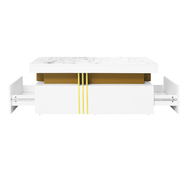 White marble look coffee table with gold accents and 2 drawers CREPUSCRAY