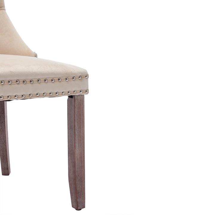 Set of 4 dining chairs velvet beige tufted with solid wood legs, nailheads and back chrome ring ELYSIUMAL