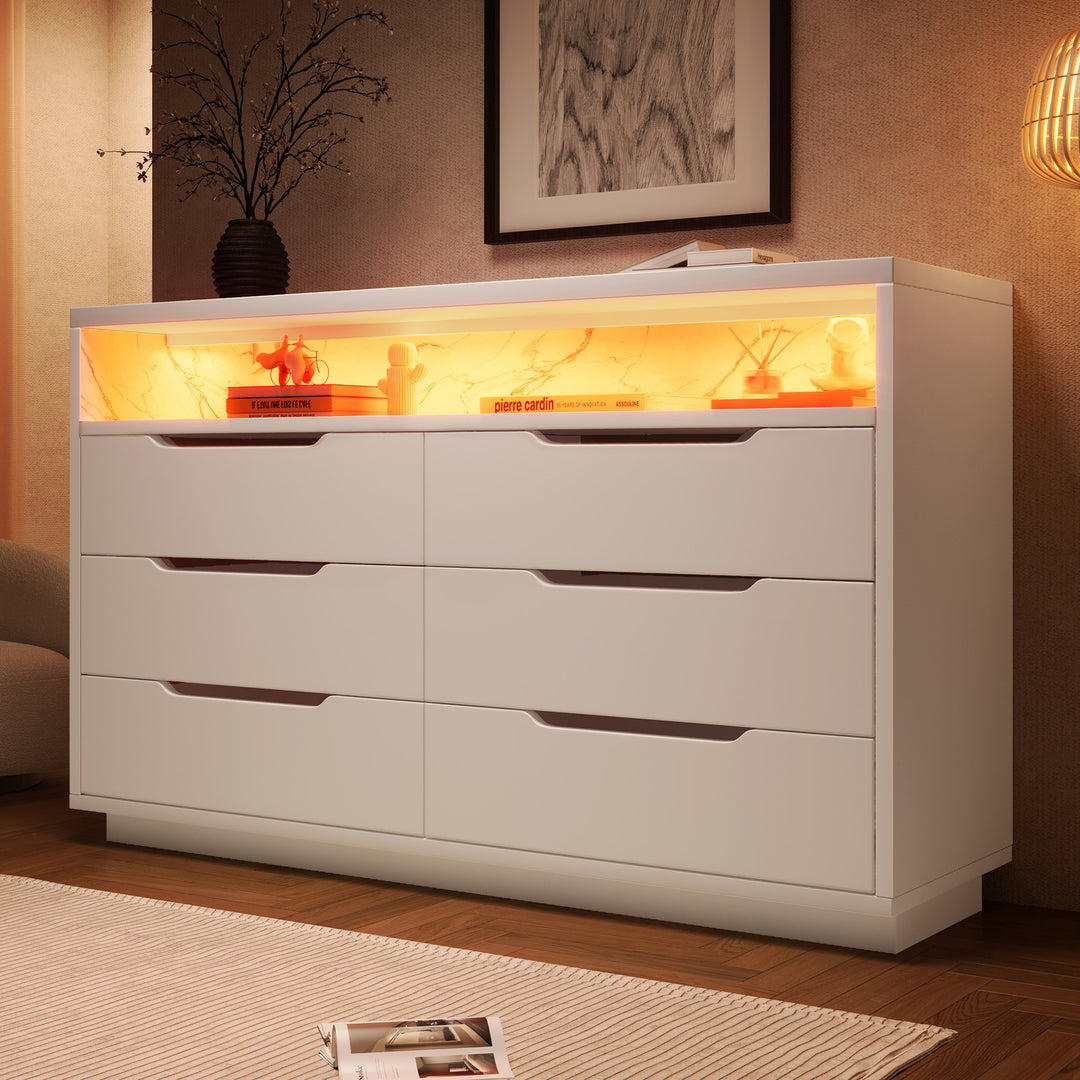White marbled look 6-drawer sideboard with LED lighting MAGNETOPAUS
