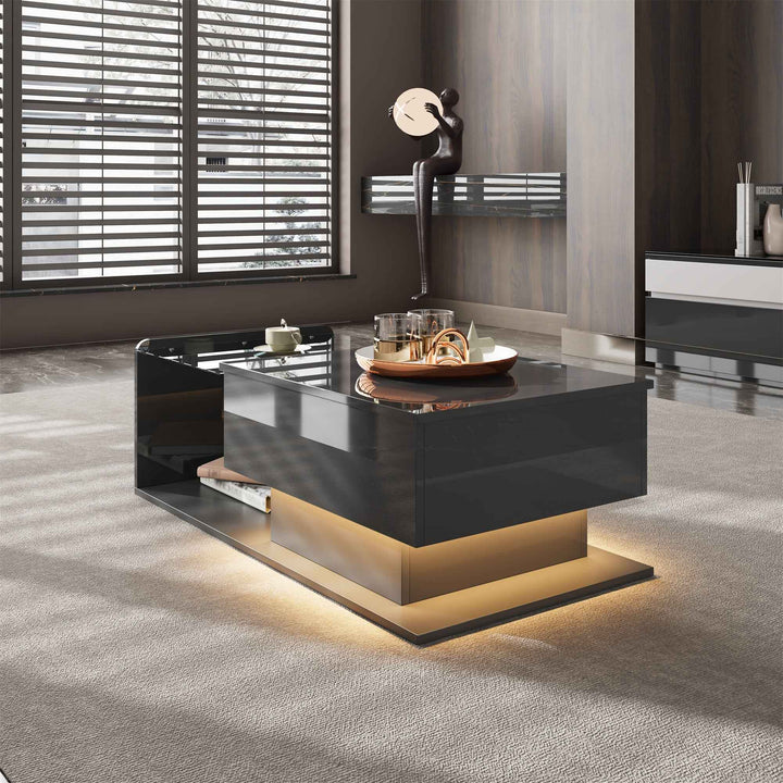 High gloss black coffee table with lift up top, LED lighting 100x50cm FLARERYLOTH