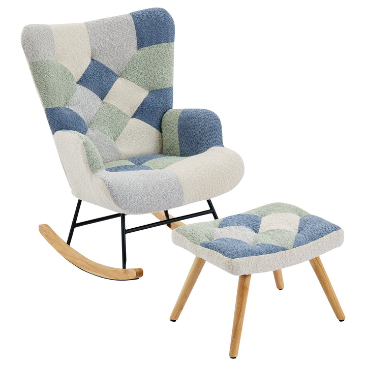 Fabric white blue patchwork rocking chair with solid wood legs and footstool MORASSSLOP