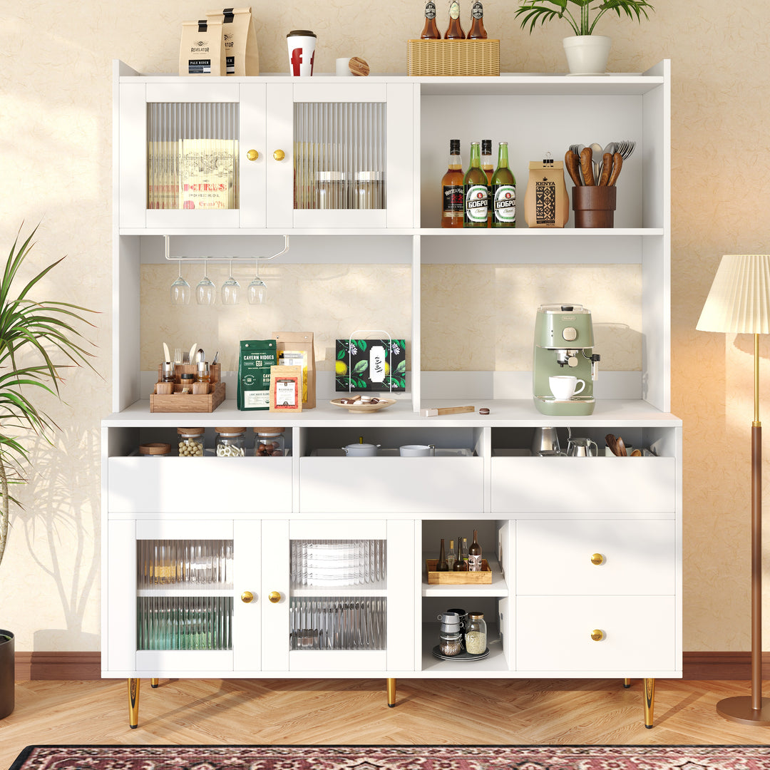 Modern white kitchen cabinet cupboard fluted glass doors, wine rack, and gold accents FROSTGLEN