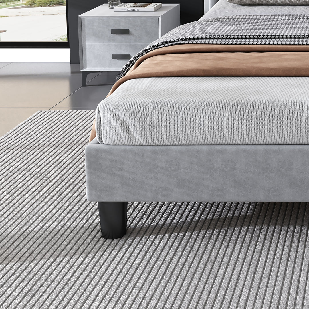 Upholstered velvet grey double bed with storage headboard, LED lighting and charging ports 135x190cm FIRNSNOW UK