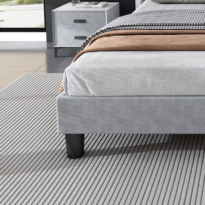 Upholstered velvet grey double bed with storage headboard, LED lighting and charging ports 135x190cm FIRNSNOW UK