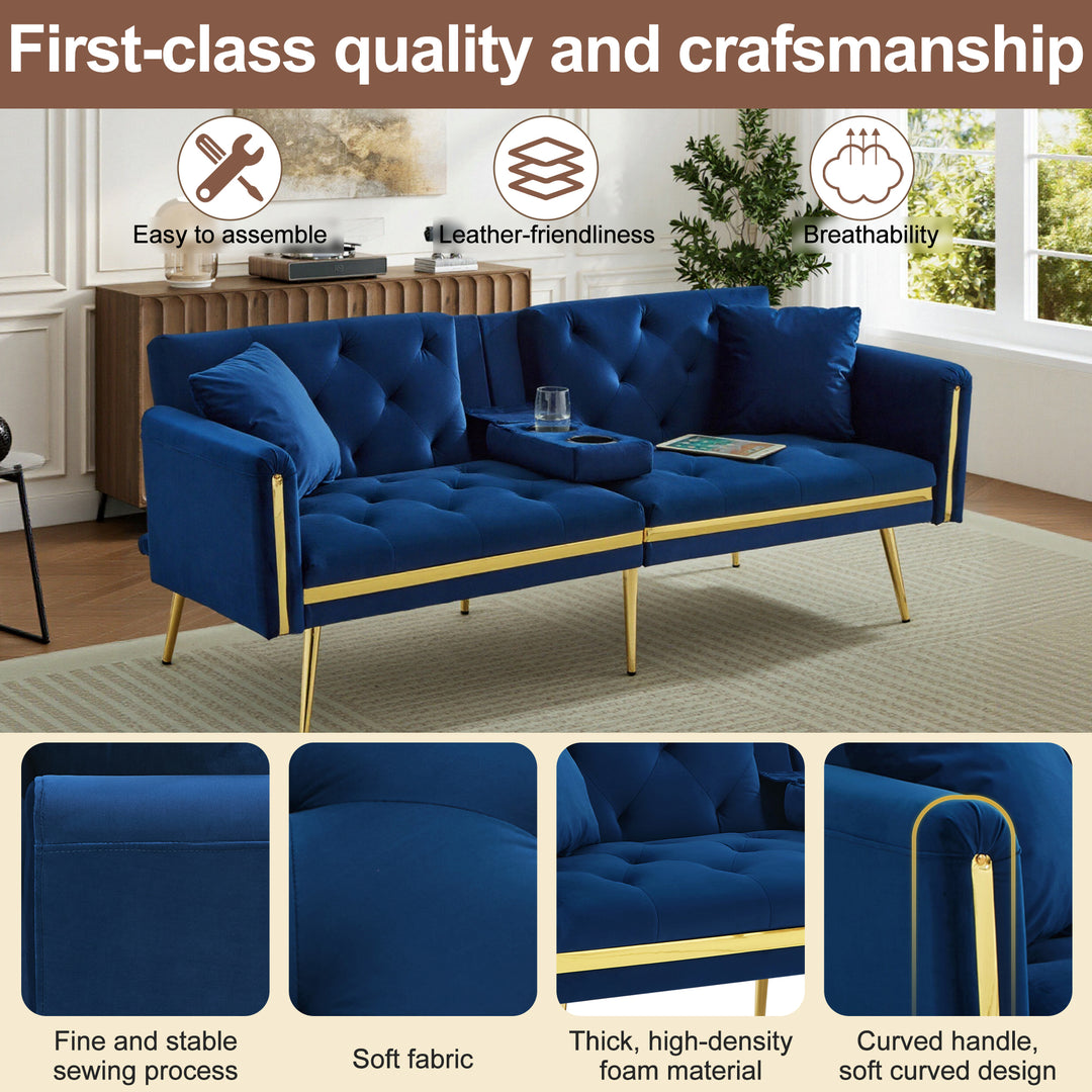 Blue velvet tufted 2-seater sofa bed with gold legs hidden fold-down cup holder FUMAROLEVENT