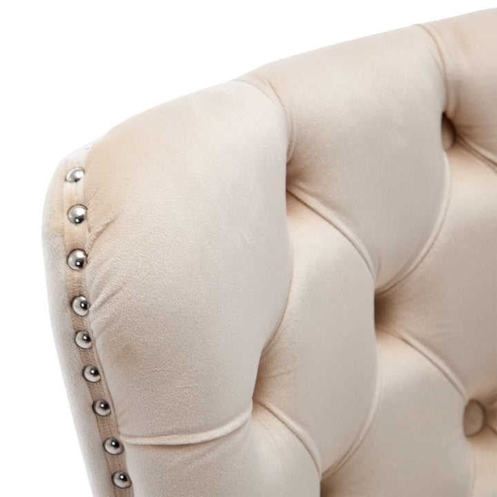 Set of 4 dining chairs velvet beige tufted with solid wood legs, nailheads and back chrome ring ELYSIUMAL
