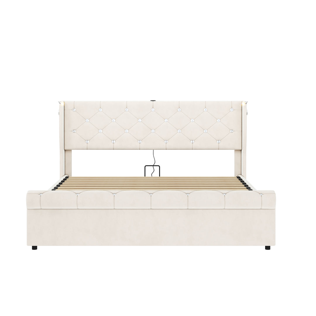 Velvet beige king size ottoman bed end opening with USB reading light 150x200cm PINNACLEION