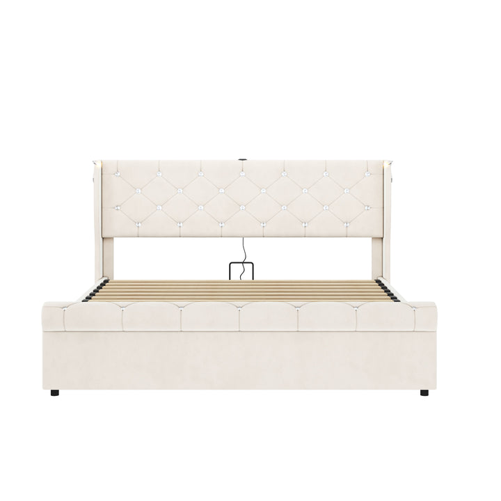 Velvet beige king size ottoman bed end opening with USB reading light 150x200cm PINNACLEION