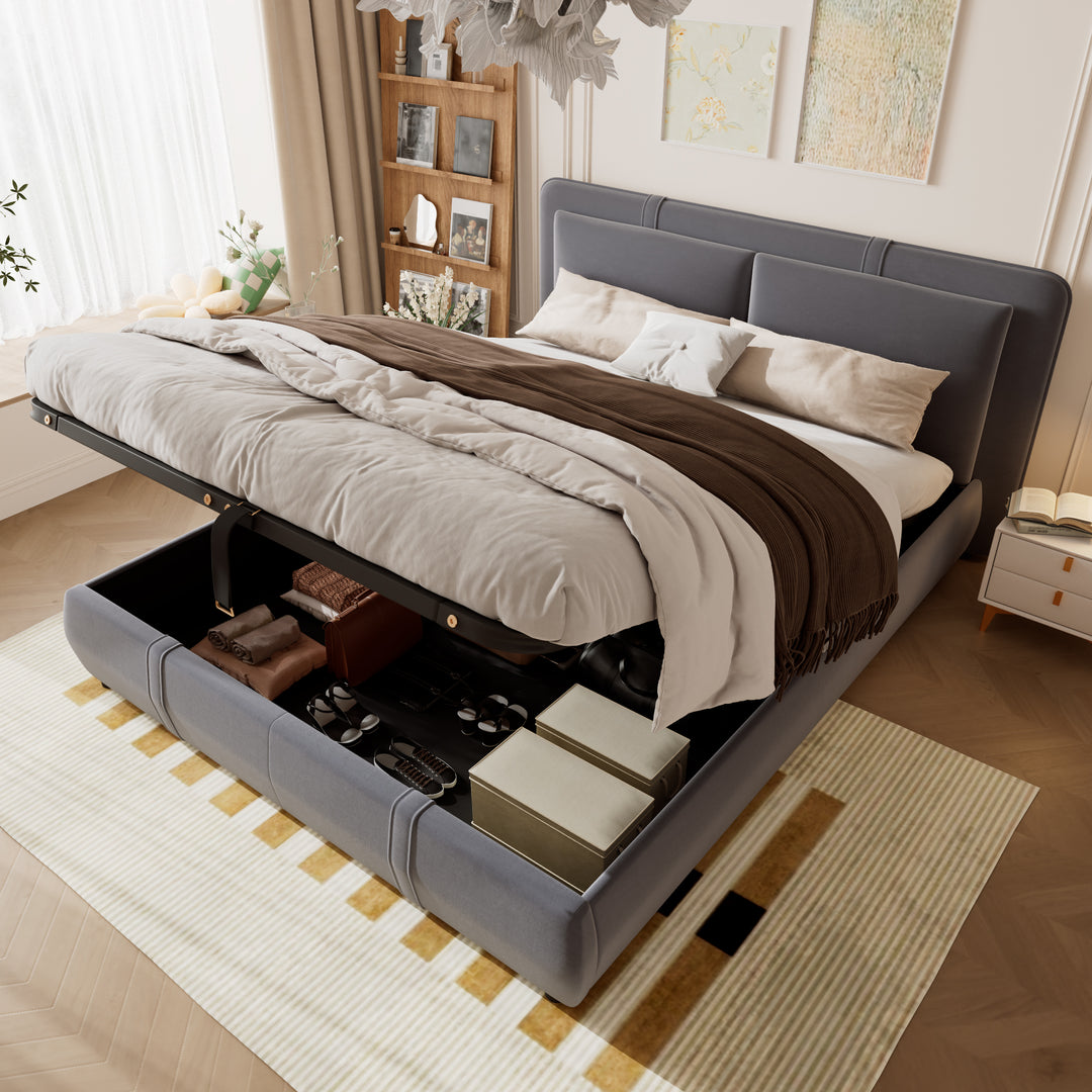 Upholstered velvet grey, hydraulic ottoman double bed with storage function 135×190cm KELPFROND