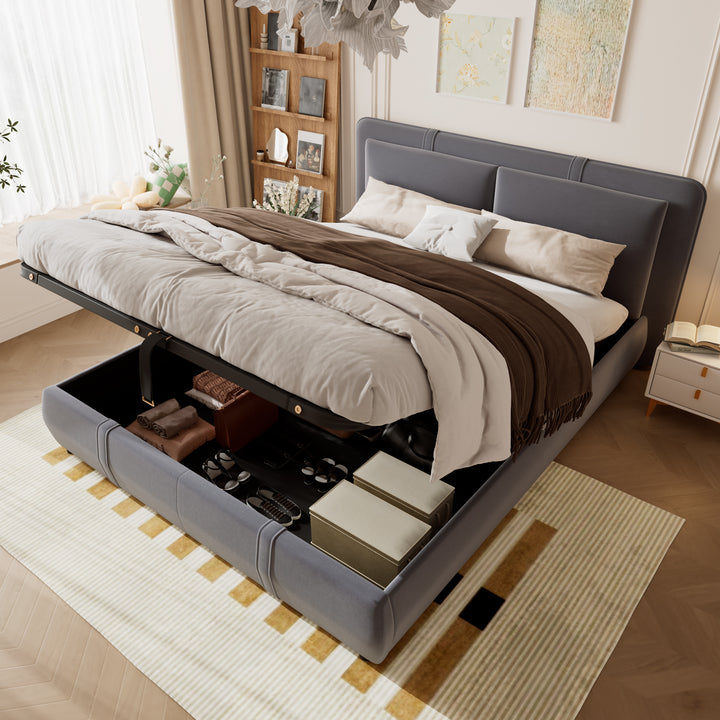 Upholstered velvet grey, hydraulic ottoman double bed with storage function 135×190cm KELPFROND