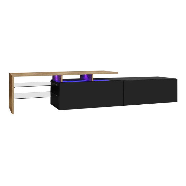 Modern black high gloss TV cabinet with glass shelves and LED lighting KETTLEHOLE