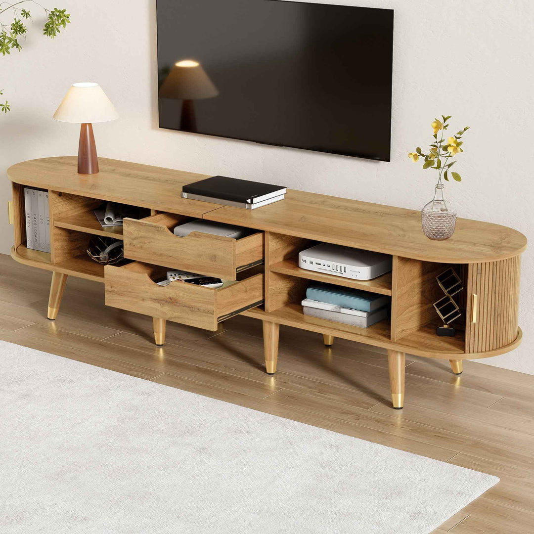 00+缺图 TV Stand Cabinet 175 cm Wood-Look with Sliding Door and Storage for Living Room TRUNKFLOW