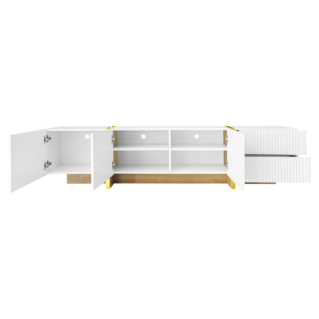 White fluted TV cabinet 3 doors, 2 drawers 190cm gloden accent CONNECTIV