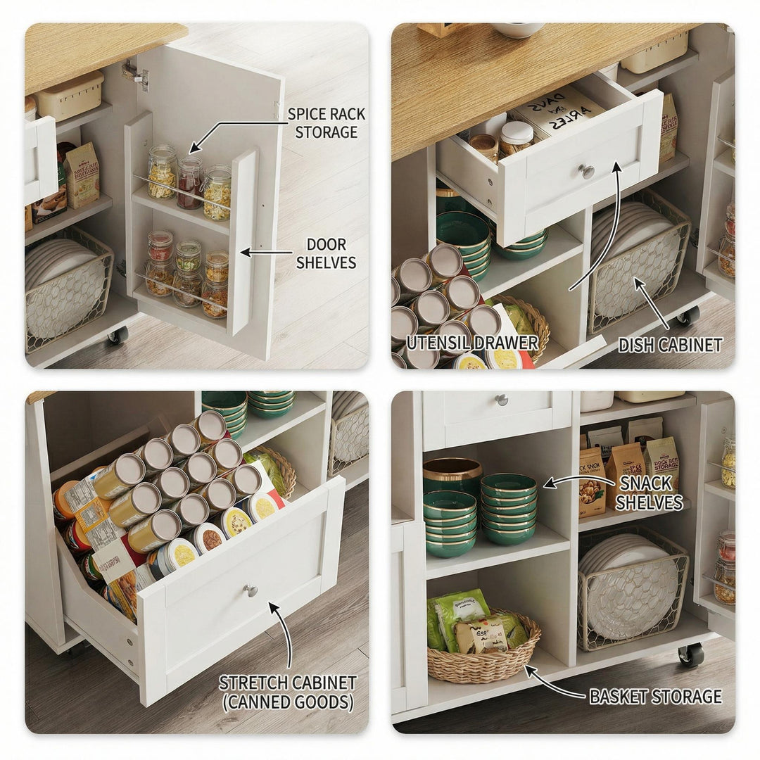 White wooden kitchen island trolley with extendable tabletop and storage cabinets ASCENDIST